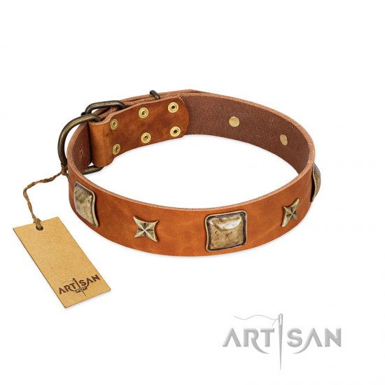 “Celtic Tunes” FDT Artisan Tan Leather Dog Collar Adorned with Stars and Squares - Click Image to Close