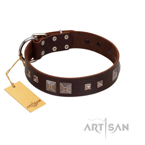 "Object of Virtu" FDT Artisan Brown Leather Dog Collar with Old Silver-like Square Studs and Pyramids