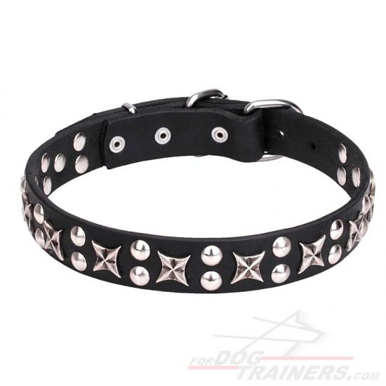 "Planets and Stars" Posh Leather Dog Collar with Stars and Studs 1 1/5 inch (30 mm) Wide - Click Image to Close