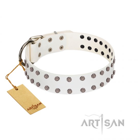 "White Night" FDT Artisan White Leather Dog Collar with Vinatge Silver-like Studs