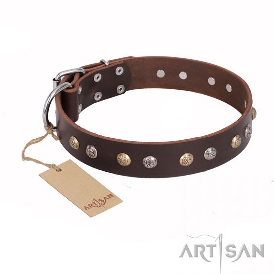 “Rare Flower” FDT Artisan Brown Leather Dog Collar Adorned with Old-look Hemisphere Studs - 1 1/2 inch (40 mm) wide - Click Image to Close