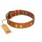 “Woofy Dawn” FDT Artisan Tan Leather Dog Collar with Plates and Rhombs