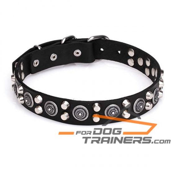 ‘Silver sun’ Leather Canine Collar with Cones and Large Round Studs - Click Image to Close