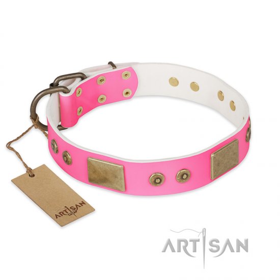 'Pink World' FDT Artisan Pink Leather Dog Collar with Old Bronze Look Plates and Studs - 1 1/2 inch (40 mm) wide - Click Image to Close