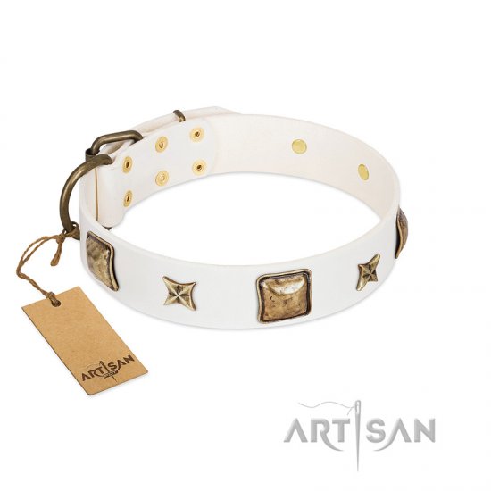 “Dog in White” FDT Artisan White Leather Dog Collar Adorned with Stars and Squares - Click Image to Close