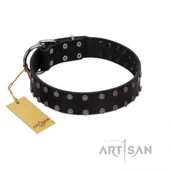 "Dark Night" Handmade FDT Artisan Black Leather Dog Collar with Silver-Like Studs - Click Image to Close