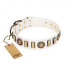 ﻿"Bowwow Finery" FDT Artisan White Leather Dog Collar with Gold-Like Embellishments