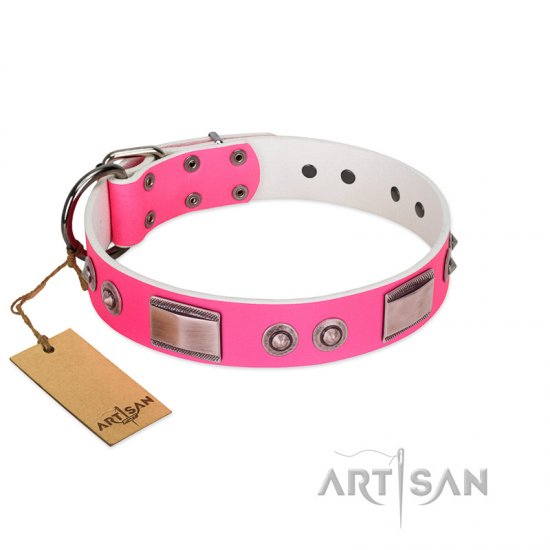 "Lady's Whim" FDT Artisan Pink Leather Dog Collar with Plates and Spiked Studs