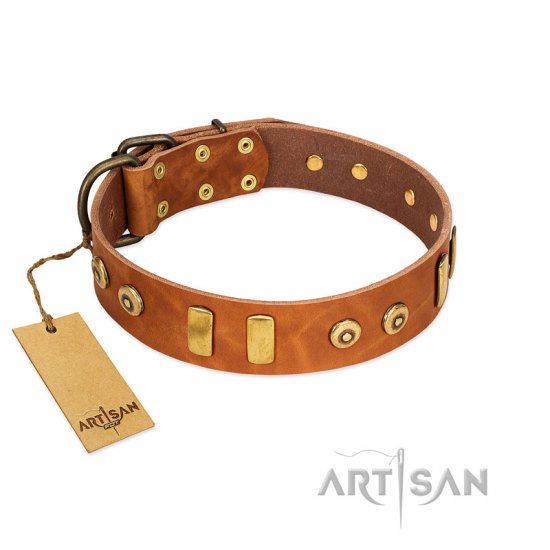 "Egyptian Script" FDT Artisan Tan Leather Dog Collar with Plates and Small Studs - Click Image to Close