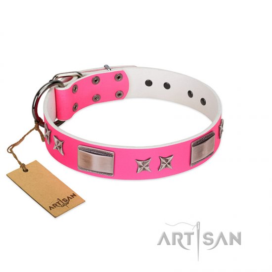 "Pinky Fantasy" Pink FDT Artisan Leather Dog Collar with Chrome-plated Stars and Large Plates - Click Image to Close