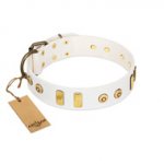 "Golden Union" Elegant FDT Artisan White Leather Dog Collar with Old Bronze-like Dotted Studs and Tiles