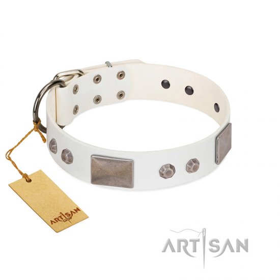 "Northen Lights" FDT Artisan White Leather Dog Collar with Massive Plates and Pyramids