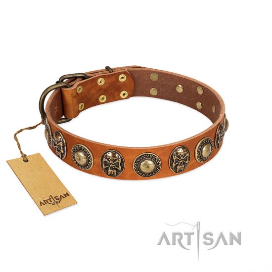 "Golden Epoch" FDT Artisan Tan Leather Dog Collar with Old Bronze-plated Medallions and Conchos