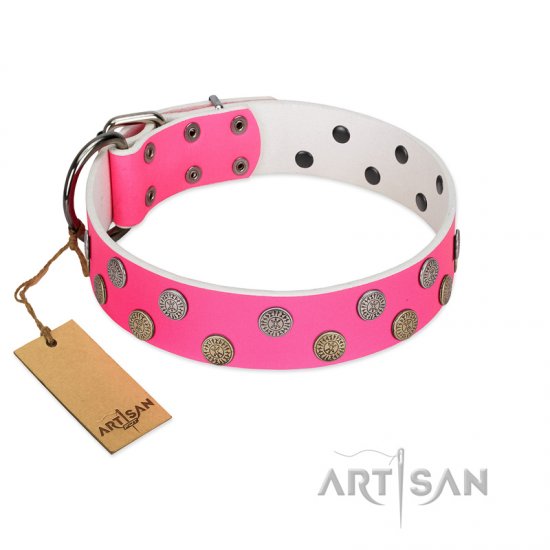 "Lucky Pink" Designer FDT Artisan Pink Leather Dog Collar with Medallions - Click Image to Close