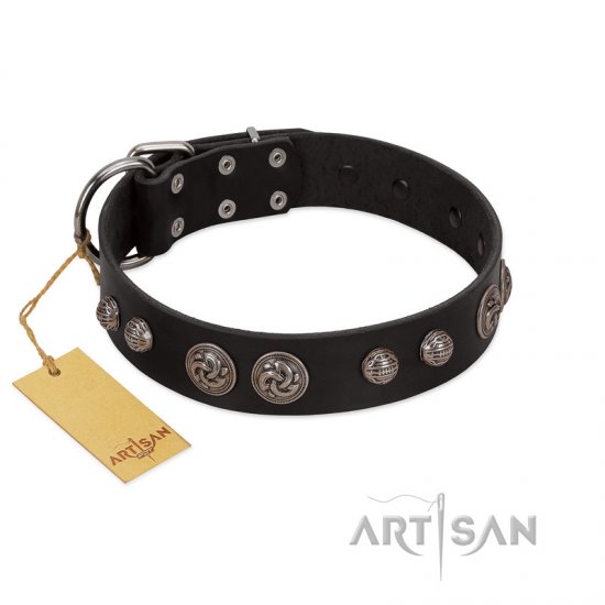 "Tricky Ricky" FDT Artisan Black Leather Dog Collar Adorned with Silver-Like Conchos - Click Image to Close