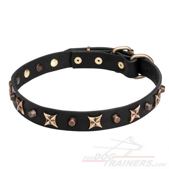 'Four Cornered Stars' Leather Dog Collar with Old Bronze-plated Decoration - Click Image to Close