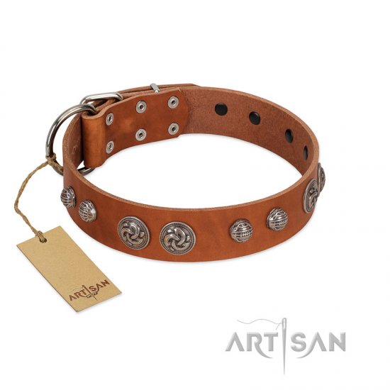 "Era Infinitum" FDT Artisan Tan Leather Dog Collar Adorned with Chrome-plated Circles