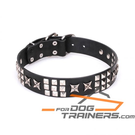 'Celestial Radiance' Decorated Leather Collar for Dog with Chrome Plated Smooth Pyramids and Old Silver-Like Stars