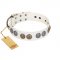 "White Moonlight" FDT Artisan White Leather Dog Collar with Elegant Decorations