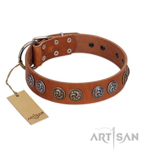 "Luxurious Life" Premium Quality FDT Artisan Tan Leather Dog Collar with Round Adornments - Click Image to Close