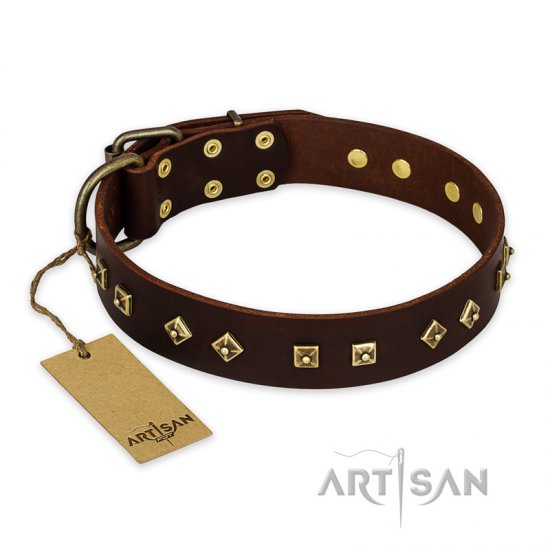 'Fashion Studs' FDT Artisan Decorated Leather Dog Collar with Old Bronze-Plated Steel Hardware 1 1/2 inch (40 mm) Wide