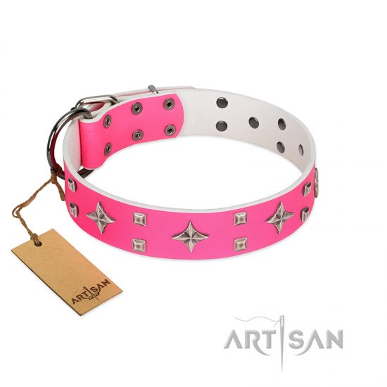 "Girls-Only" FDT Artisan Pink Leather Dog Collar Adorned with Stars and Tiny Squares - Click Image to Close