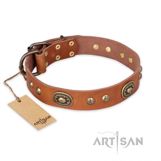 'Stunning Dress' FDT Artisan Tan Leather Dog Collar with Old Bronze Look Plates and Studs - 1 1/2 inch (40 mm) wide - Click Image to Close