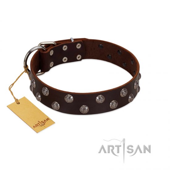 "Blossom Jewel" FDT Artisan Brown Leather Dog Collar with Two Rows of Silver-like Studs with Engraved Flowers - Click Image to Close