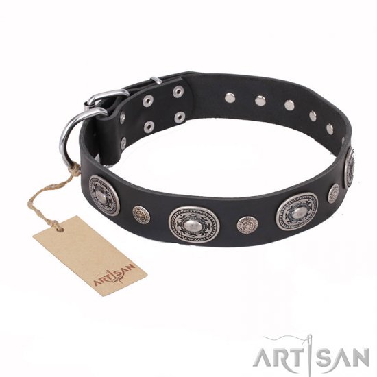 ‘Black Tie’ FDT Artisan Leather Dog Collar with Old Silver-like Decorations - 1 1/2 inch (40 mm) wide - Click Image to Close