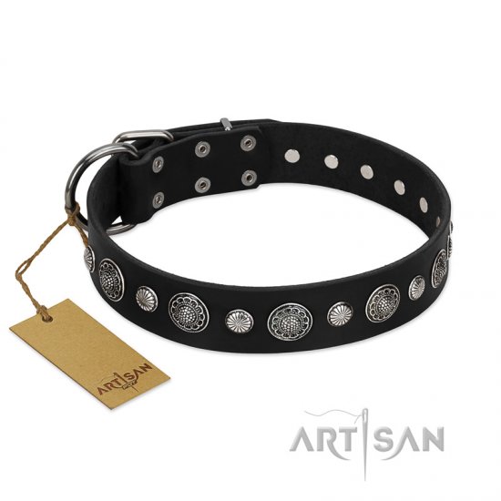 "Vintage Elegance" FDT Artisan Black Leather Collar with Engraved Brooches and Studs - Click Image to Close