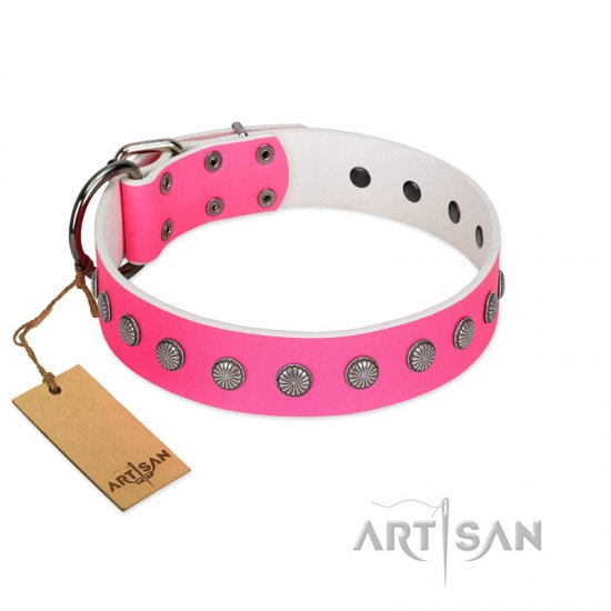 "Florescence" Ultramodern FDT Artisan Pink Leather Dog Collar Decorated with Silver-Like Studs - Click Image to Close