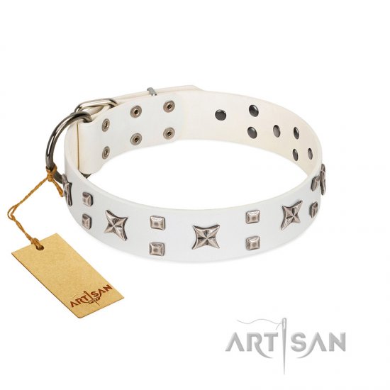 "Star Patrol" FDT Artisan White Leather Dog Collar Adorned with Stars and Studs