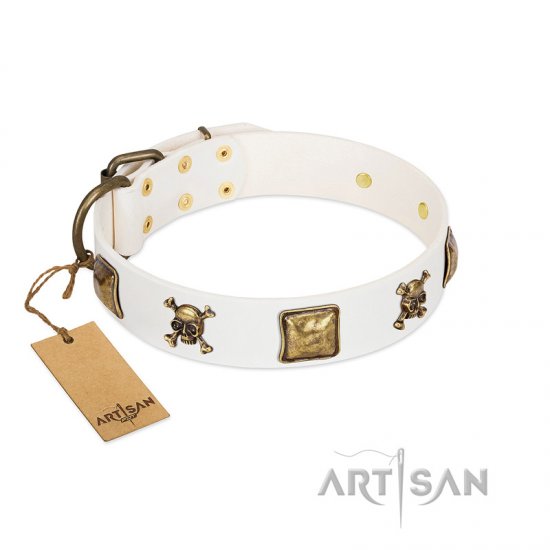 "Glo Up" FDT Artisan White Leather Dog Collar with Skulls and Crossbones Combined with Squares - Click Image to Close