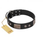 "Square Stars" Modern FDT Artisan Black Leather Dog Collar with Square Plates and Studs