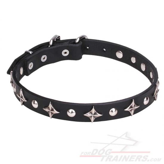 "Pleiades" Leather Dog Collar with Stars and Studs for Stylish Walks 1 inch (25 mm) - Click Image to Close