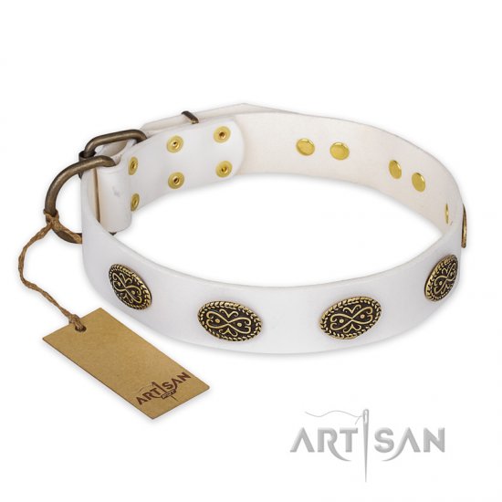 ‘Lovely Lace’ FDT Artisan White Leather Dog Collar with Old Bronze Look Ovals - 1 1/2 inch (40 mm) wide - Click Image to Close