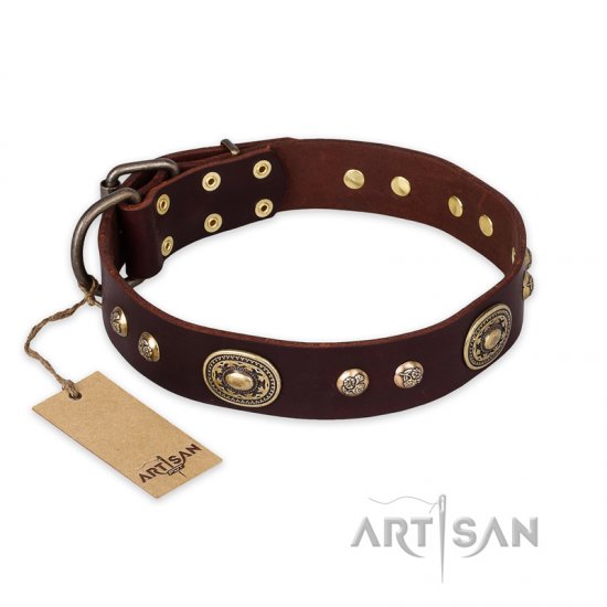 'Breath of Elegance' FDT Artisan Decorated with Plates Brown Leather Dog Collar - Click Image to Close