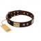 "Middle Age" FDT Artisan Brown Leather Dog Collar with Old Bronze-Plated Engraved Flowers and Large Plates