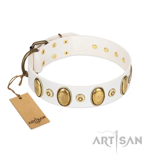 "Pearly Grace" FDT Artisan White Leather Dog Collar with Engraved Ovals and Small Dotted Studs - Click Image to Close