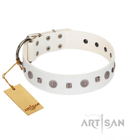 "Drops on Snow" Handmade FDT Artisan White Leather Dog Collar Adorned with Silver-Like Studs