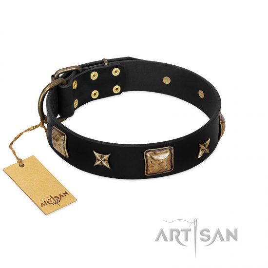 “Starry Harmony” FDT Artisan Black Leather Dog Collar with Squares and Stars for Comfortable Walking - Click Image to Close