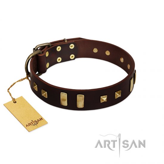 "Choco Delight" FDT Artisan Brown Leather Dog Collar with Old Bronze-like Plates and Studs - Click Image to Close