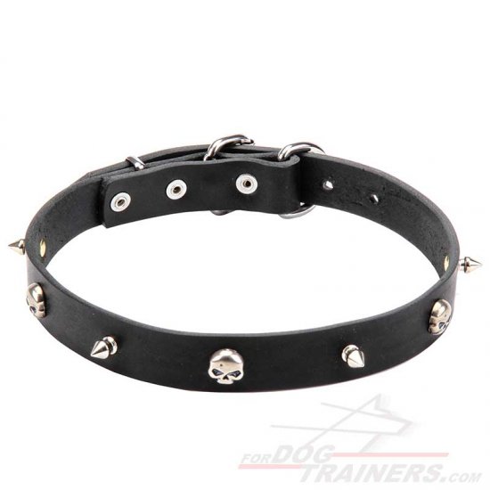 "Pirate" Black Leather Dog Collar with Nickel Plated Spikes and Skulls - Click Image to Close