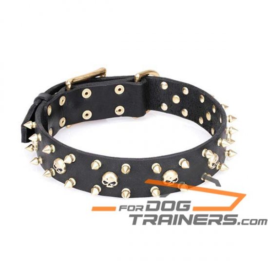 FDT Artisan ‘Rock Star’ Stylish Leather Dog Collar with Brass Plated Decorations 1 1/2 inch (40 mm) Wide