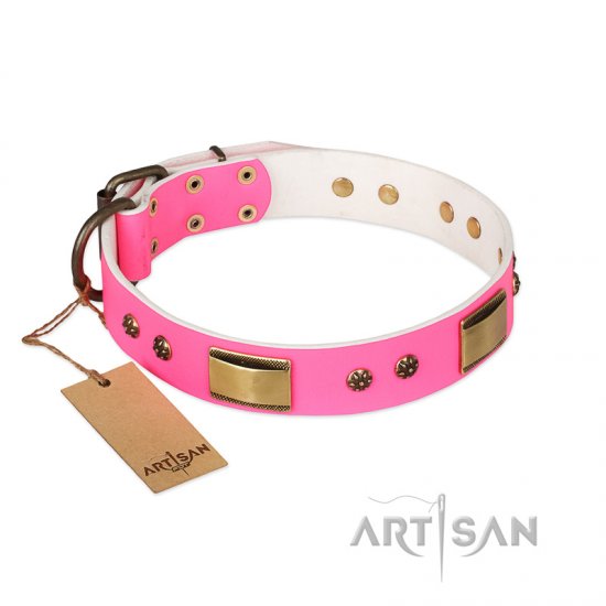 'Pink Daydream' FDT Artisan Pink Leather Dog Collar with Old Bronze Look Plates and Studs - 1 1/2 inch (40 mm) wide - Click Image to Close