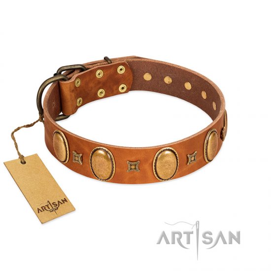 "Glossy Autumn" Designer Handmade FDT Artisan Tan Leather Dog Collar with Ovals and Studs - Click Image to Close