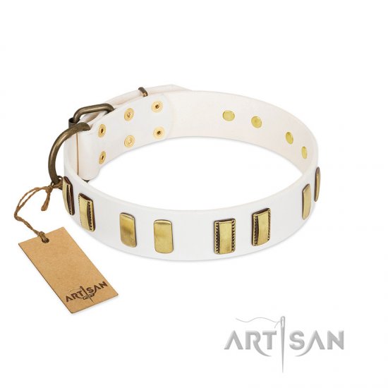 "Glorious Light" FDT Artisan White Leather Dog Collar with Old Bronze-like Plates - Click Image to Close