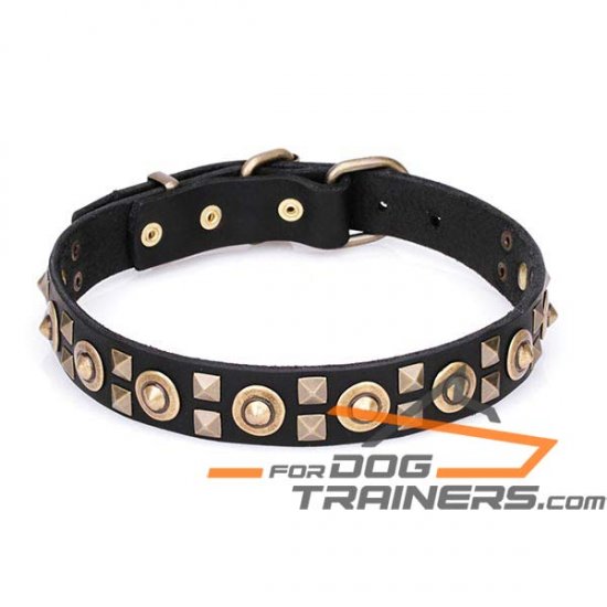 ‘Futuristic style’ Leather Canine Collar with Old Bronze-plated Decoration - Click Image to Close