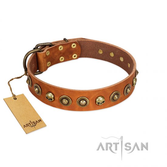 "Prez of the Pack" FDT Artisan Tan Leather Dog Collar with Skulls and Brooches - Click Image to Close