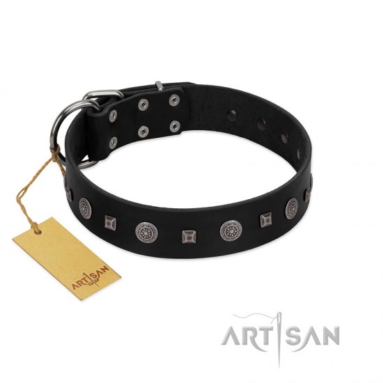 "Mr. Elegance" Designer FDT Artisan Black Leather Dog Collar with Silver-Like Studs